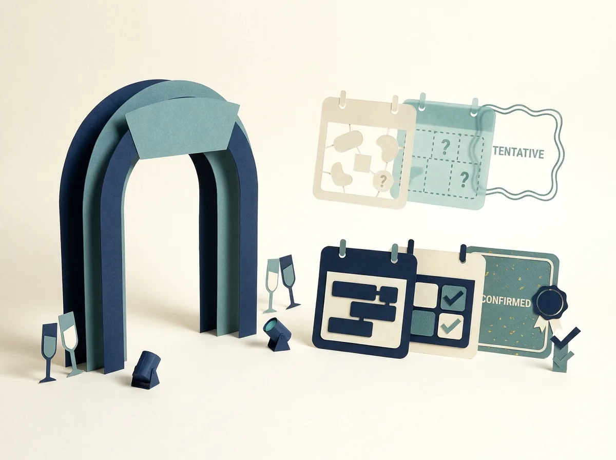 An event arch beside booking cards and a floor plan.