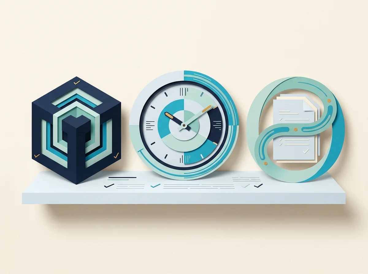 A project cube, clock dial, and recurring document loop sit side by side on one shelf.