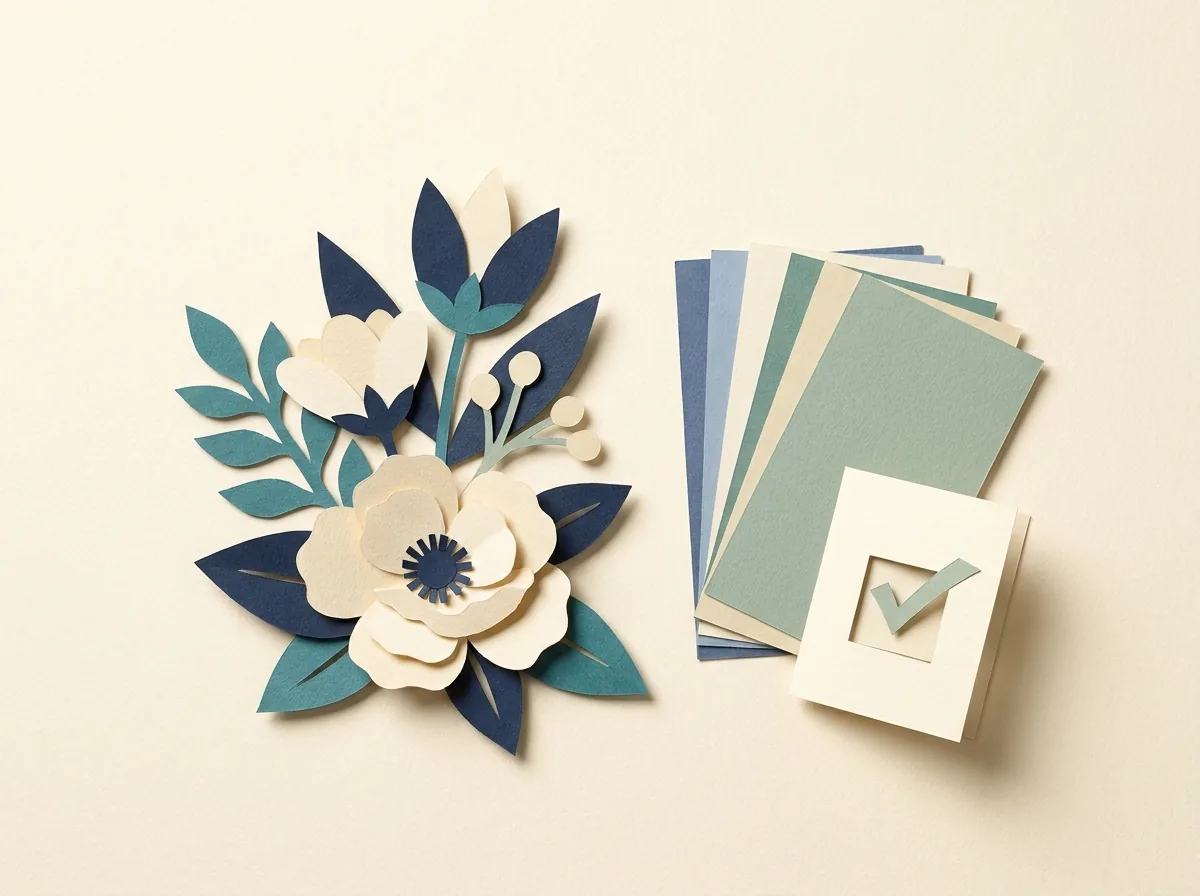 A floral arrangement beside color swatches and an approval card.
