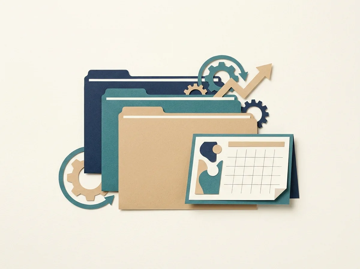Three organization folders beside an executive calendar and planning symbols.