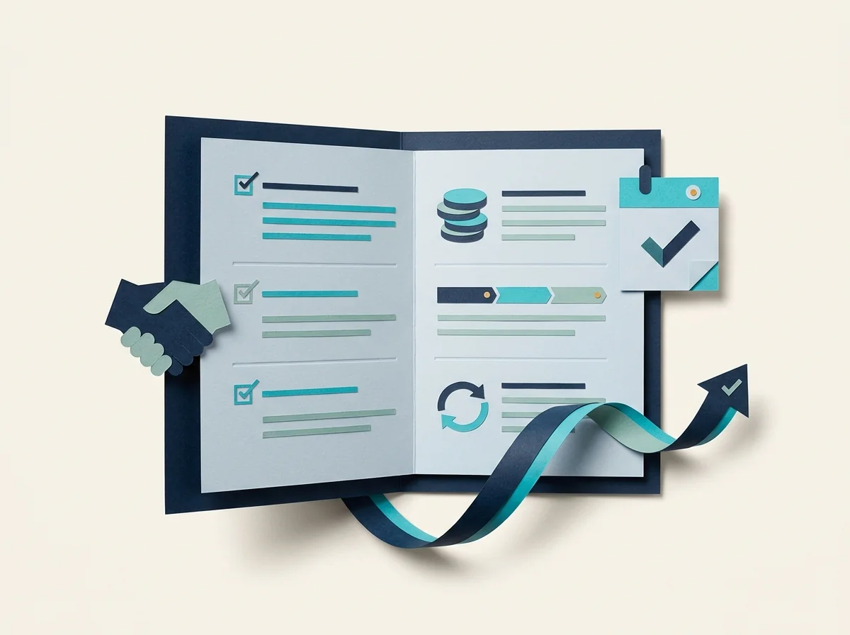 An open invoice booklet shows payment check marks beside a handshake clasp, calendar tab, and curved ribbon.