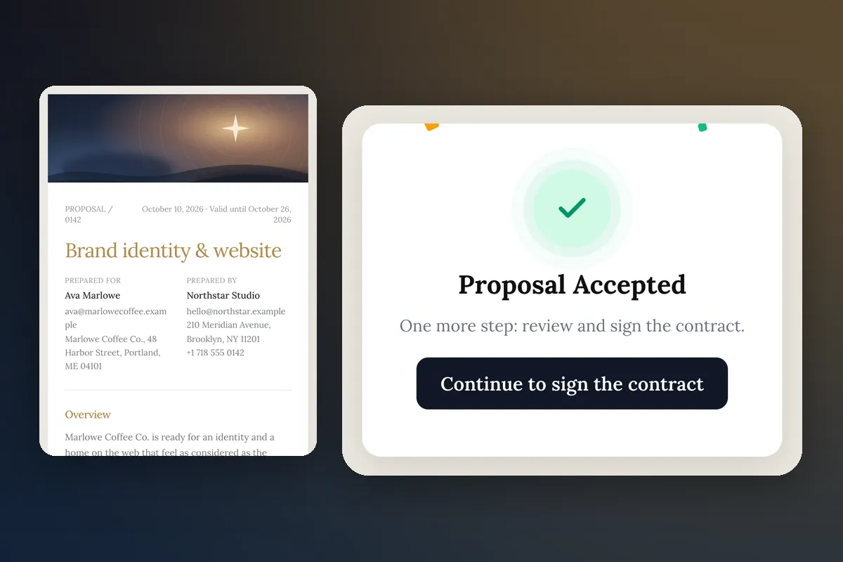 A branded proposal cover beside the Proposal Accepted screen that takes the client on to sign the contract.