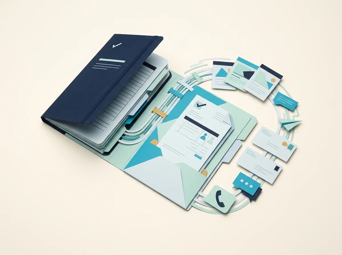 A bookkeeping notebook opens into a connected organizer of client documents, invoices, and correspondence.