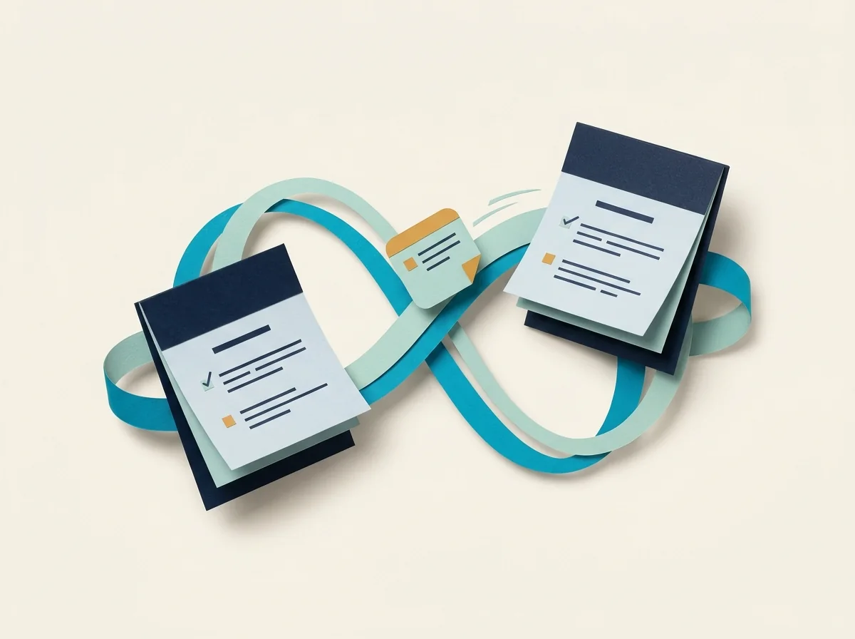 Two schedule cards connect through opposing teal loops with an appointment tile between them.