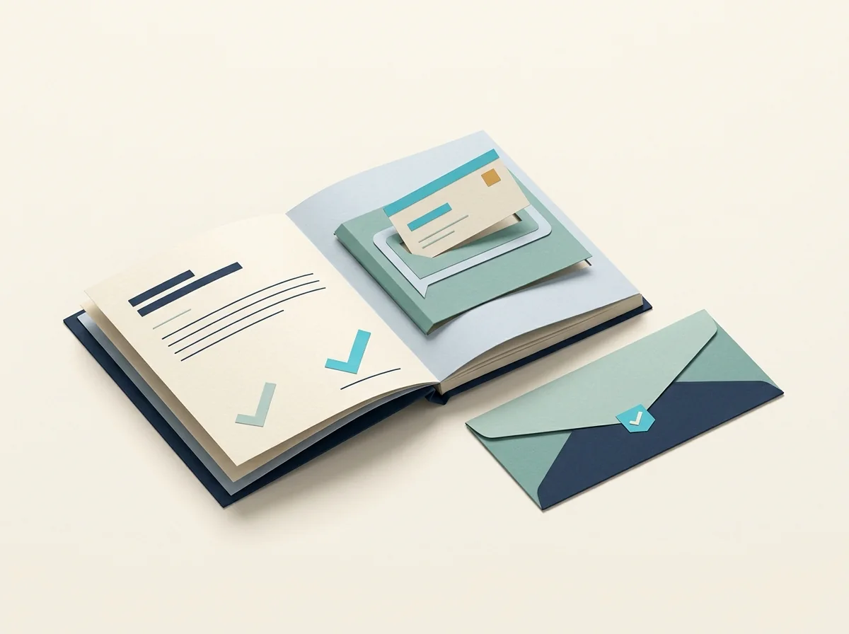 An appointment notebook holds a raised booking slot and client card beside an invitation envelope.