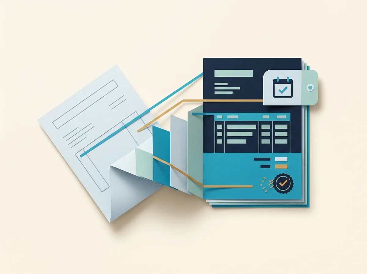 A blank document folds toward a structured invoice folio with a calendar tab and payment seal.