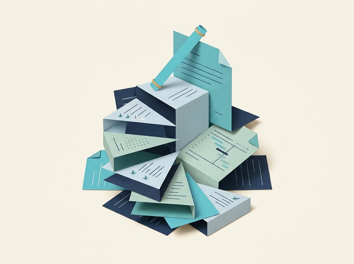 Document cards gather around project milestone steps beneath a teal ownership baton.