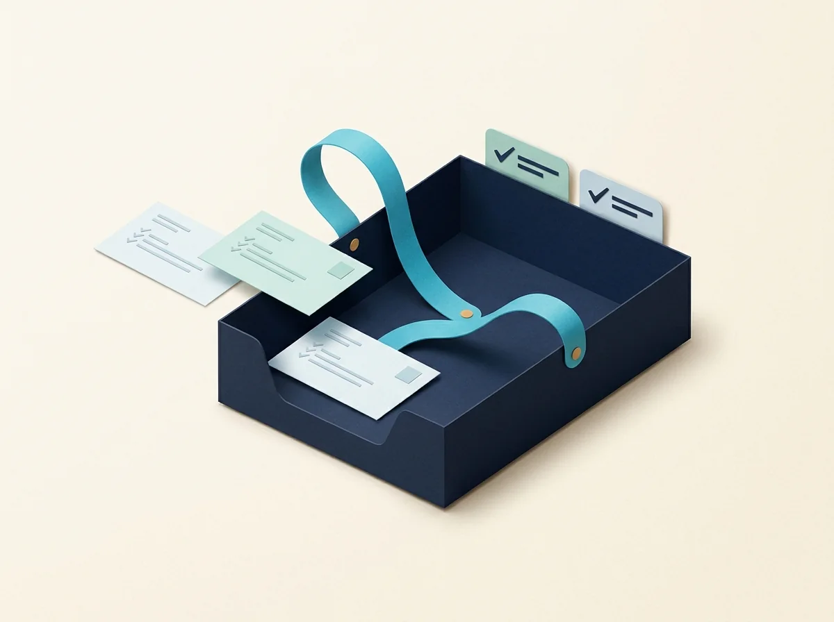 Message envelopes enter a shared navy inbox tray with assignment tabs and a teal routing ribbon.