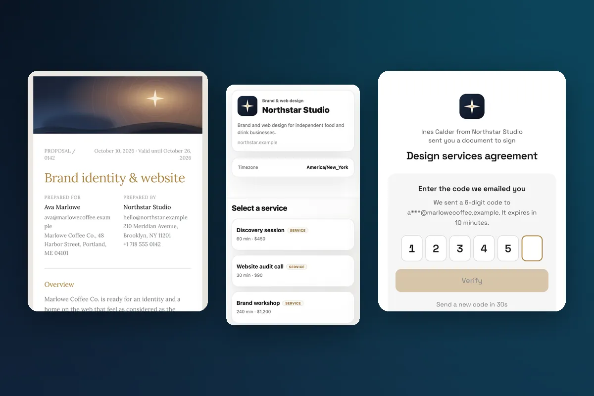 One studio's brand carried across a proposal cover, a booking page service list and the contract signing page.