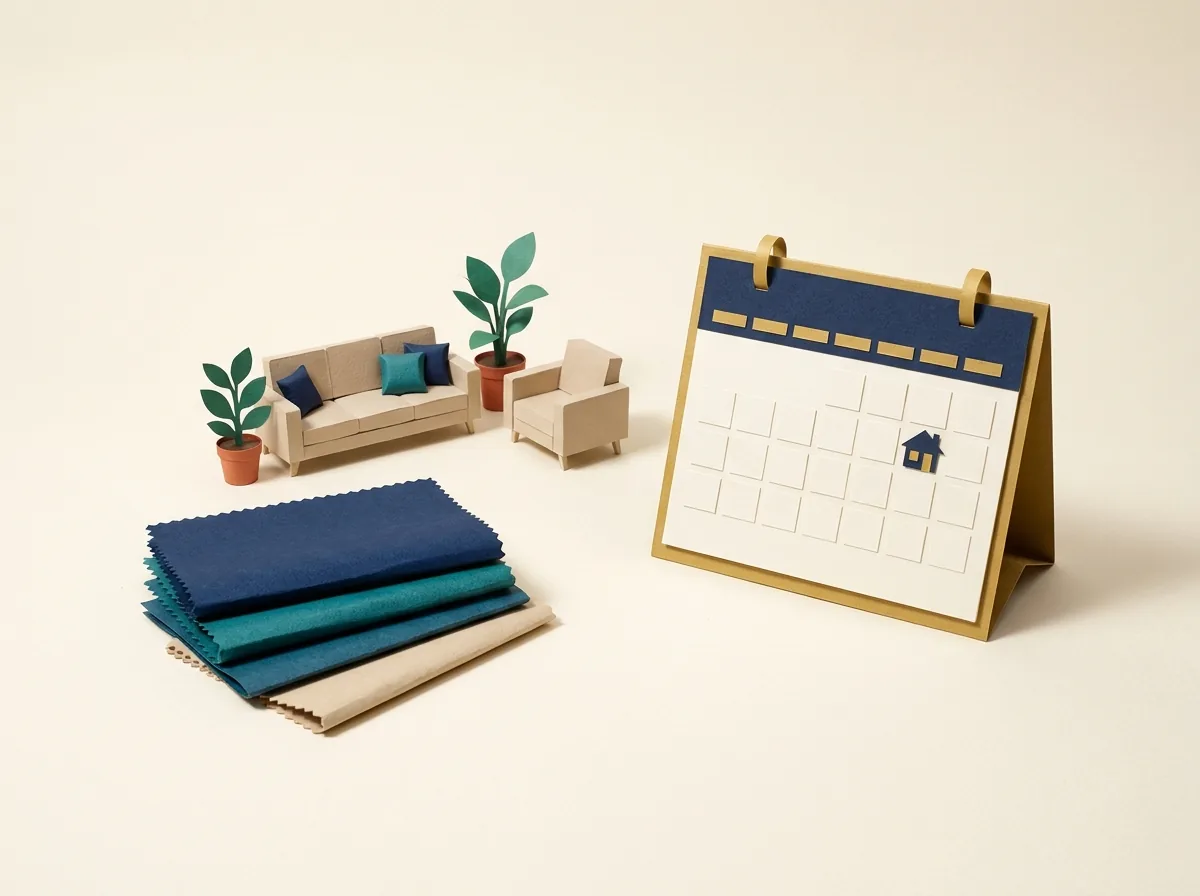 Miniature furniture, fabric swatches and a project calendar.