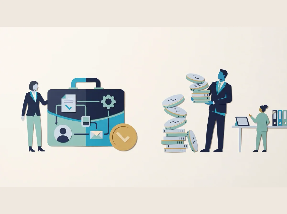 Stacked coins and a briefcase of client documents beside a colleague who reviews the cost of client software.