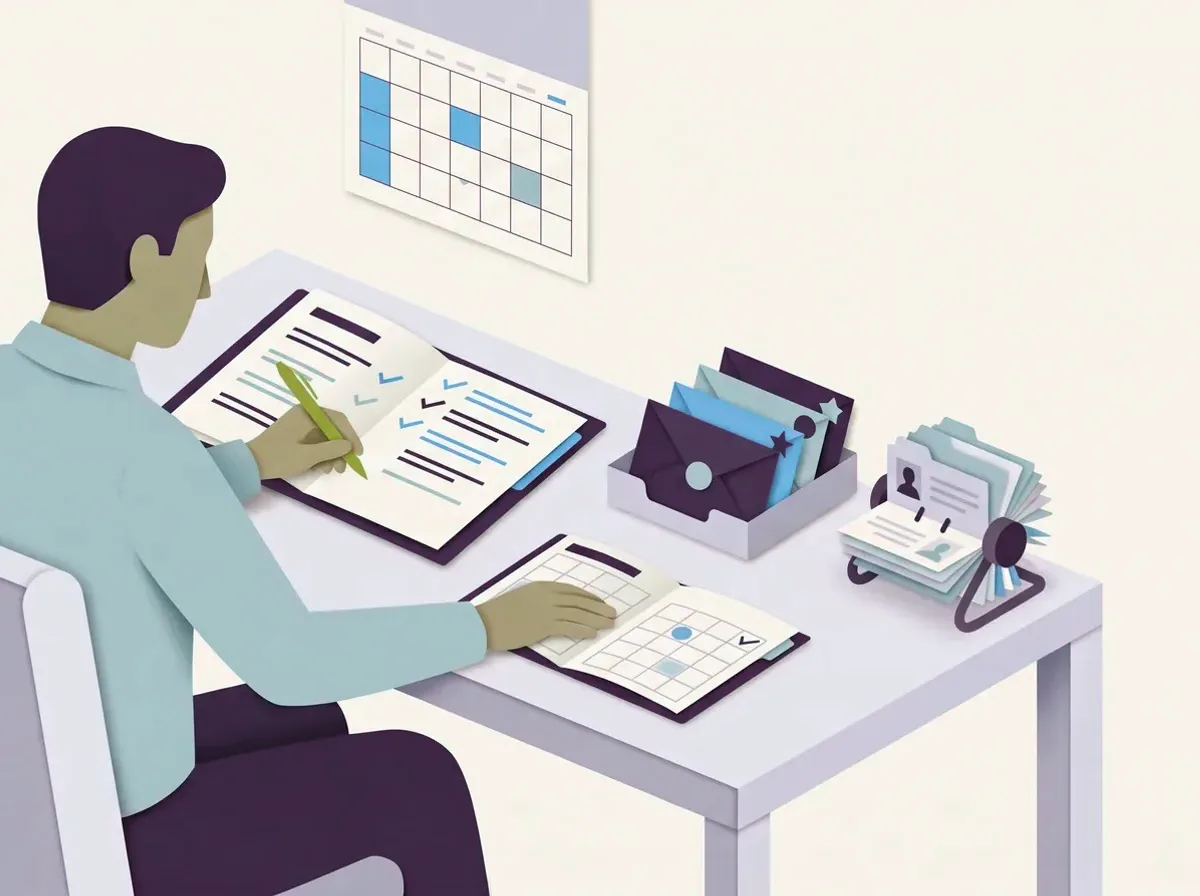 A person at a desk ticks off a checklist next to a calendar page, a letter tray and a card file of client records.