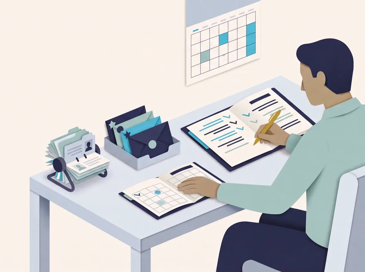 A person ticks off a checklist at a desk beside a contact card file, a tray of envelopes and a wall calendar.