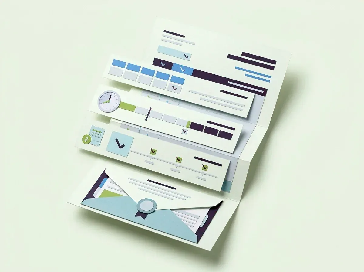 A folded sheet of paper cut-outs with form fields, a clock, a receipt and a checklist, ending in an envelope sealed with a ribbon badge.