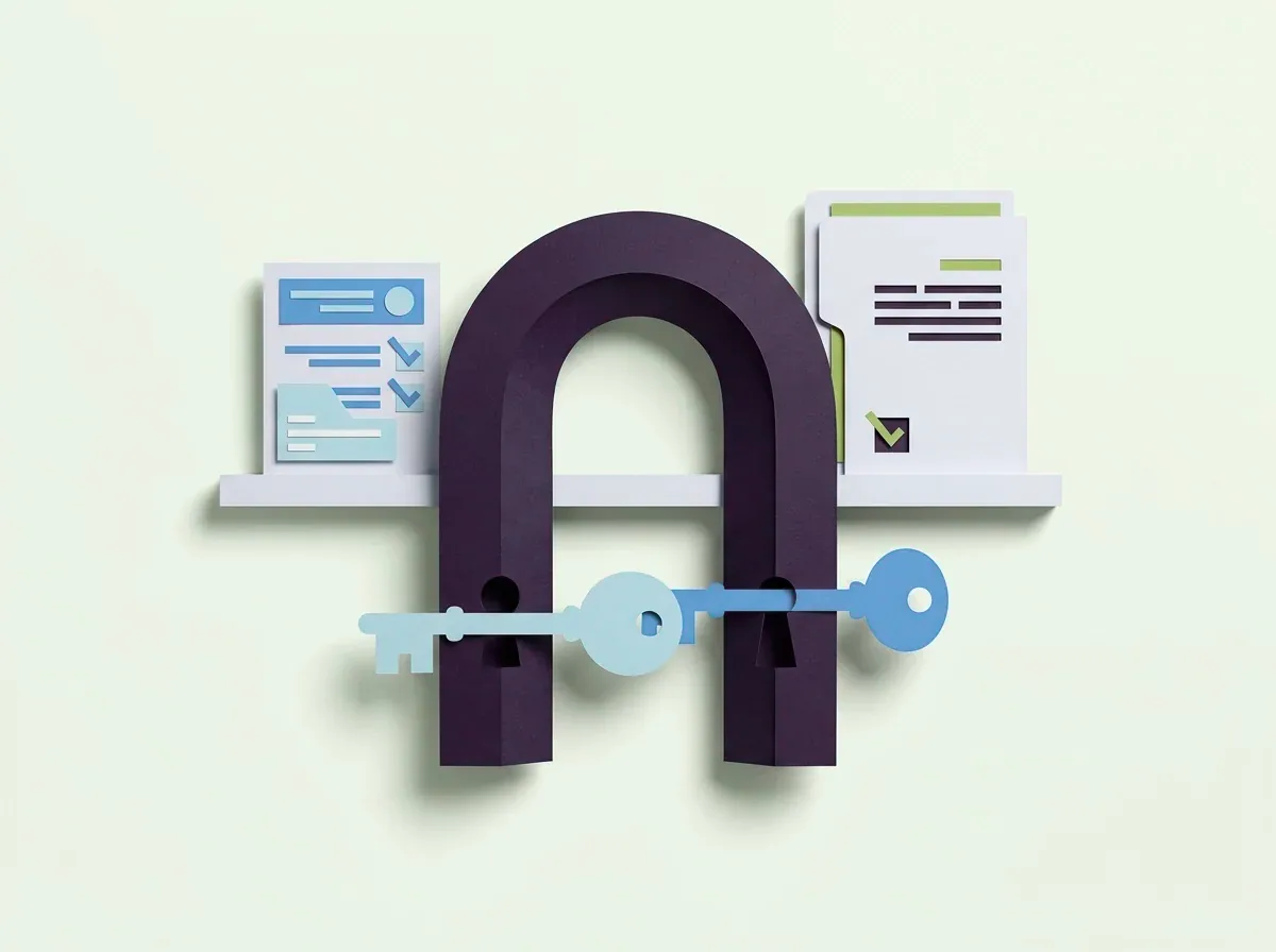 A dark purple paper arch holds two blue keys over a shelf with a checklist card on one side and documents on the other.