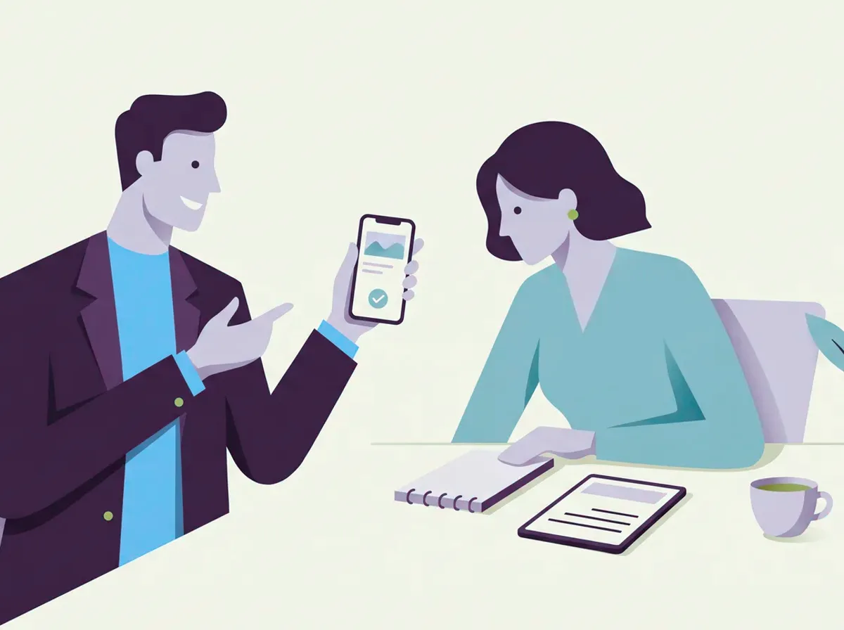A smiling person in a dark jacket points at a phone showing a check mark while a person in a teal top leans over a notebook and tablet.
