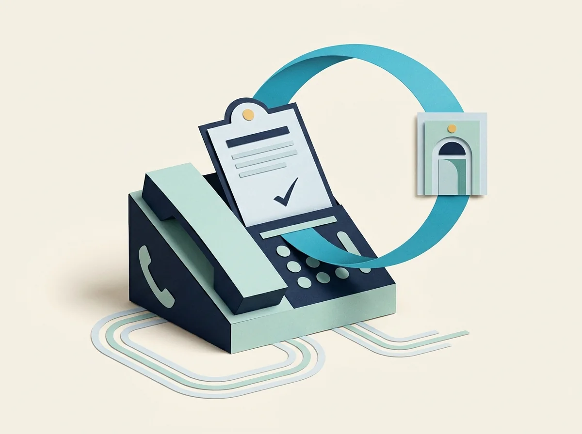 A phone identity card rests in a business desk phone beside a doorway symbol and teal call loop.