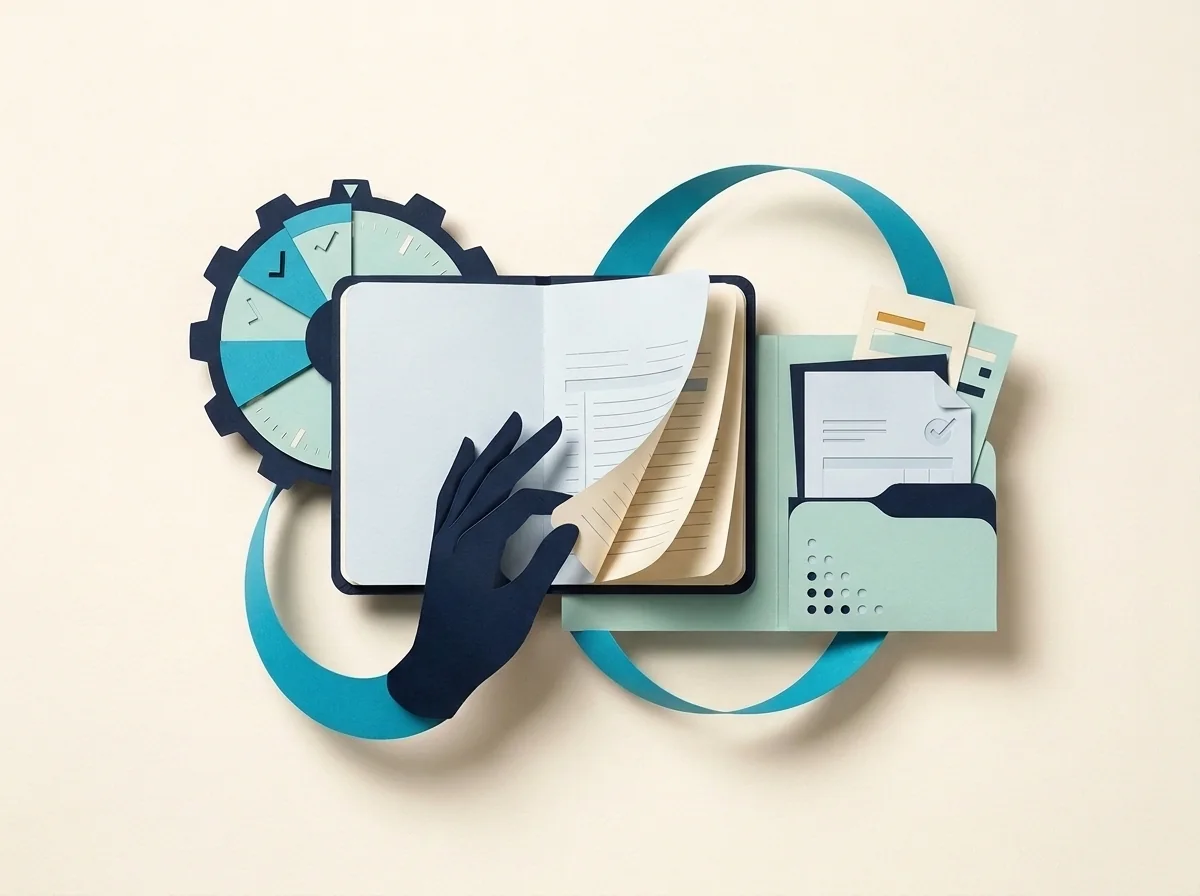 A hand turns a client notebook page beside a scheduling wheel and invoice pocket joined by a teal loop.