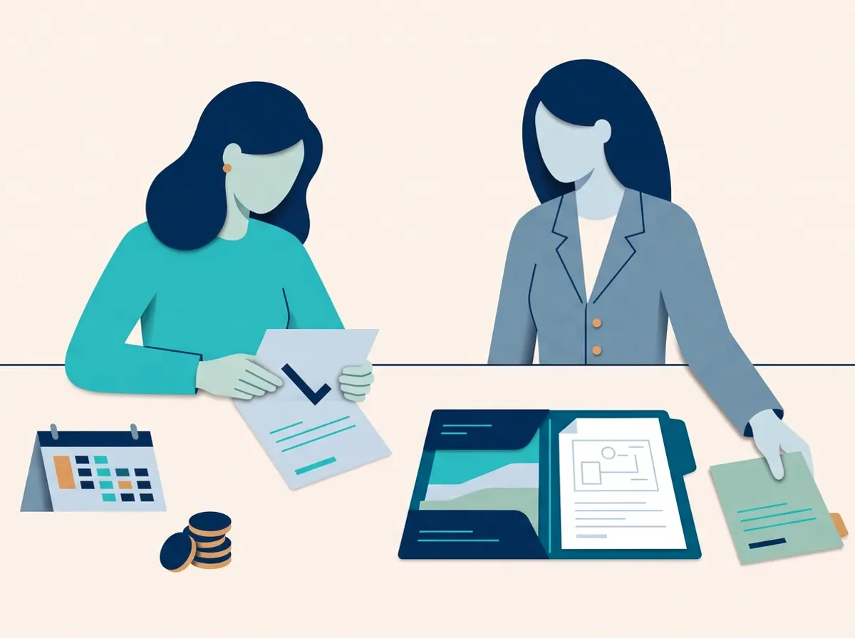 Two colleagues review a project folder, a signed approval sheet, a calendar and a stack of coins across a table.
