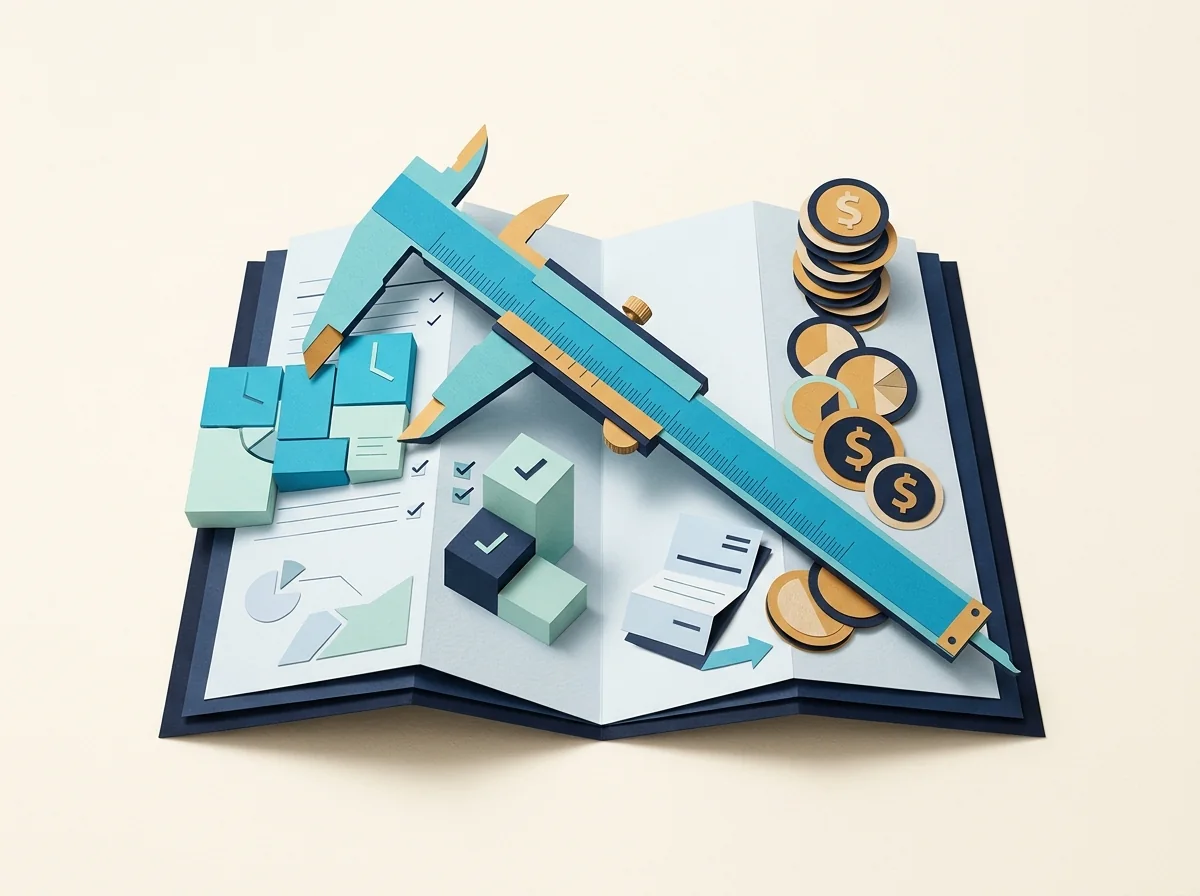 A teal measuring caliper spans a project ledger with time blocks, completed tasks, and stacked coins.