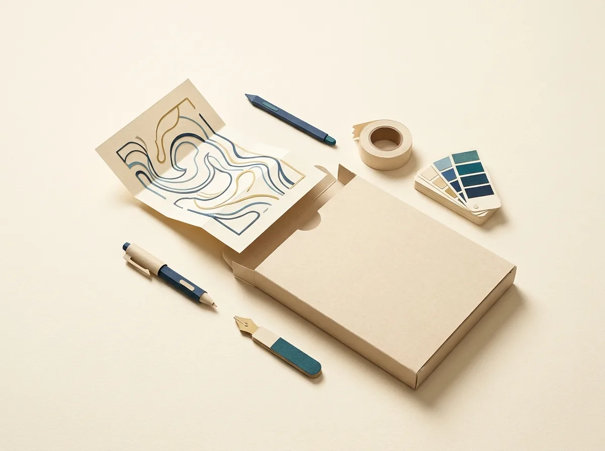 An illustration print beside drawing tools, color swatches and a blank merchandise box.