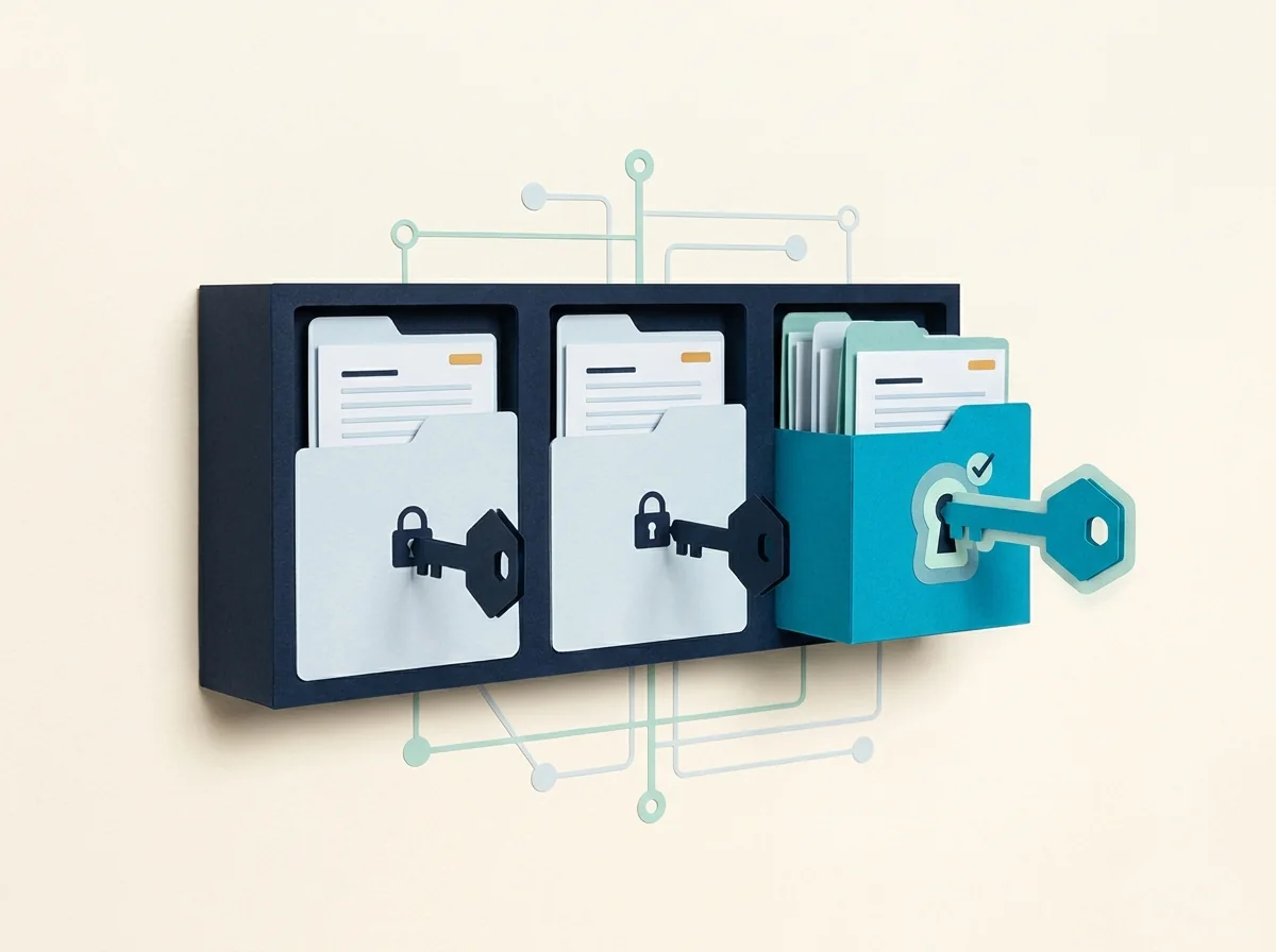 Separate client folders sit in a cabinet with individual locks and a key opening one matching compartment.