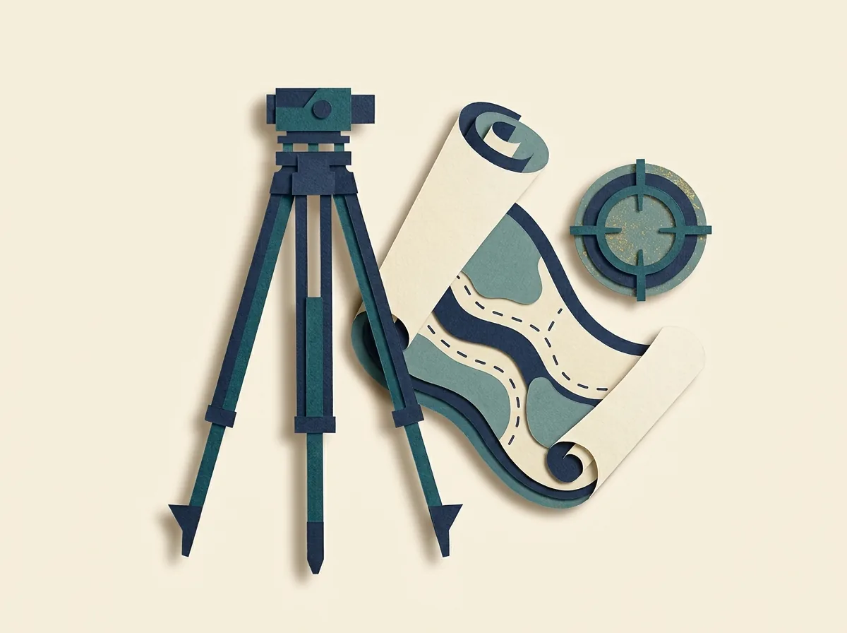 A survey instrument on a tripod beside a map and target symbol.