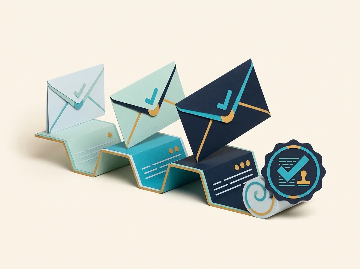 Three reminder envelopes progress along stepped calendar cards toward a completed invoice seal.