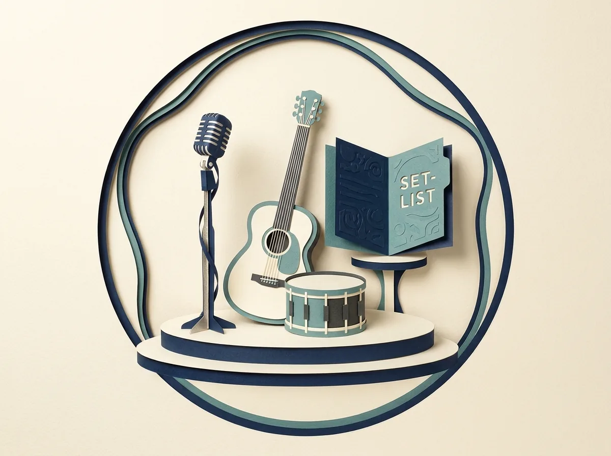 A microphone, guitar, drum and set list surrounded by an audio cable.