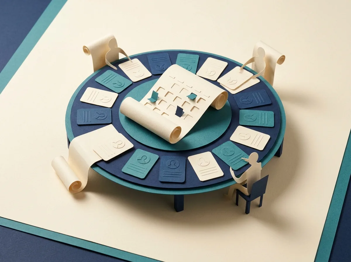 Member cards and a shared agenda arranged around a round table.