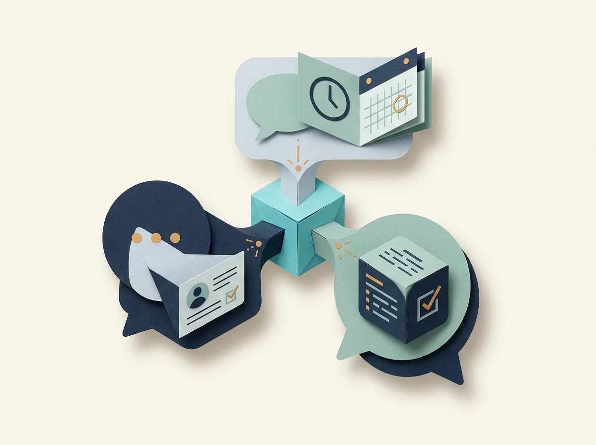 CRM prompt workflows connect conversation bubbles with a client card, checked task, and appointment calendar.