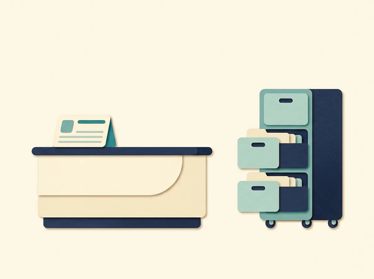 A reception counter beside closed administrative filing drawers.