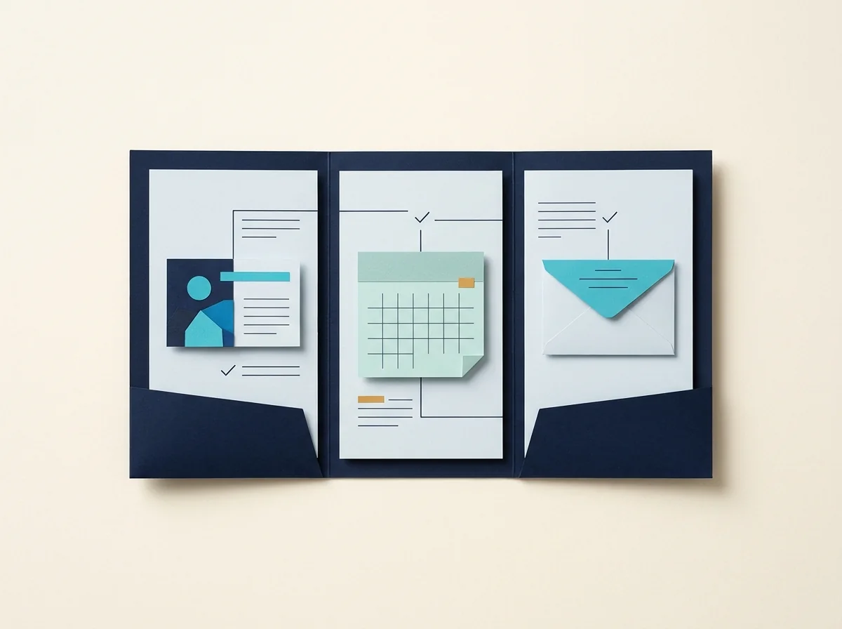 A navy document binder organizes a client profile, calendar, and envelope in three connected compartments.