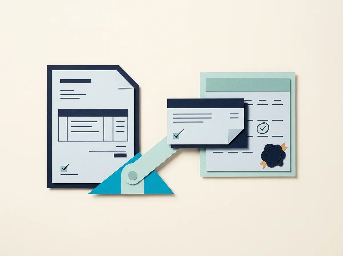 A document template and automation lever guide a checked invoice card toward a payment seal.