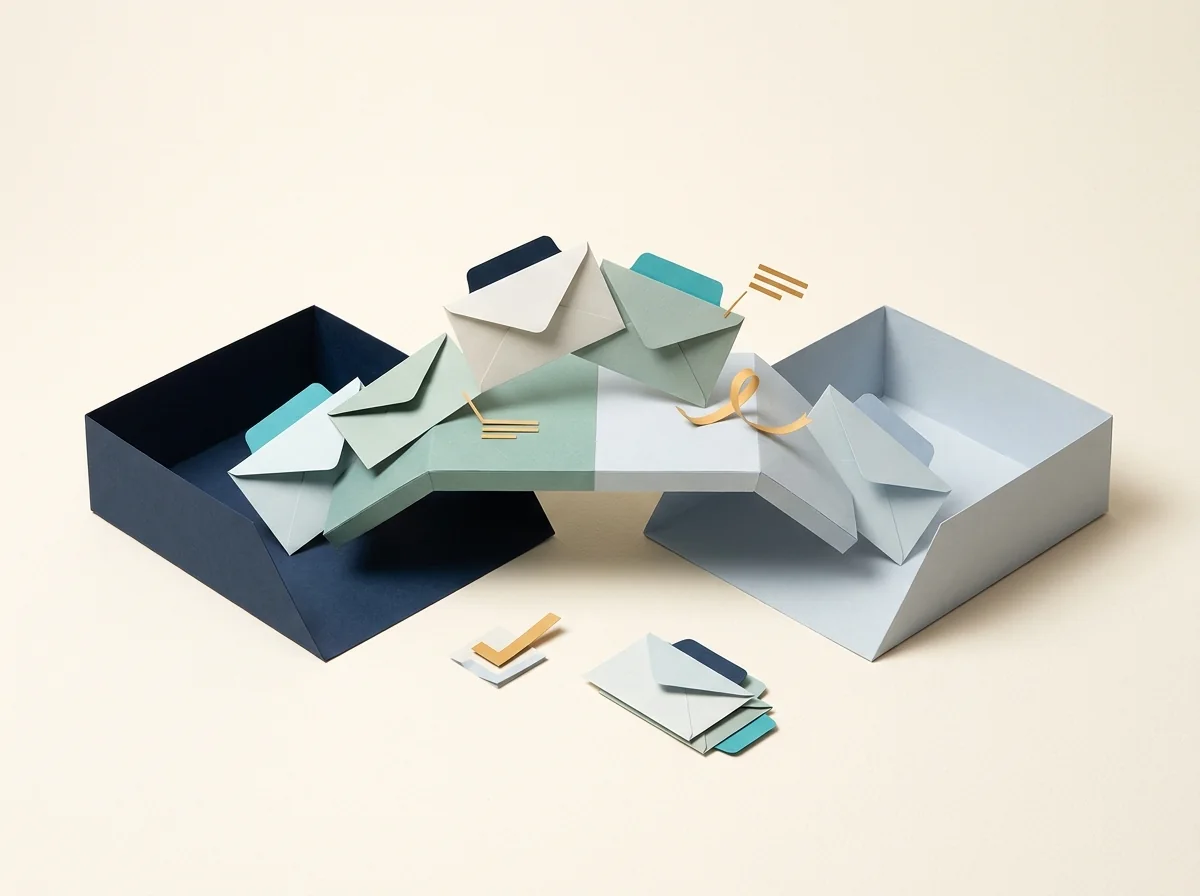 Envelopes move between two shared message trays along a paper handoff bridge.
