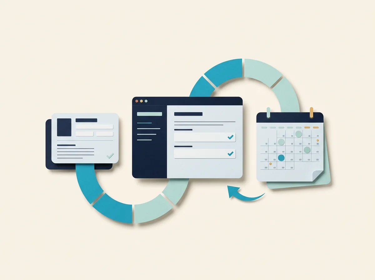 A client card, appointment window, and calendar connect through a segmented scheduling loop.