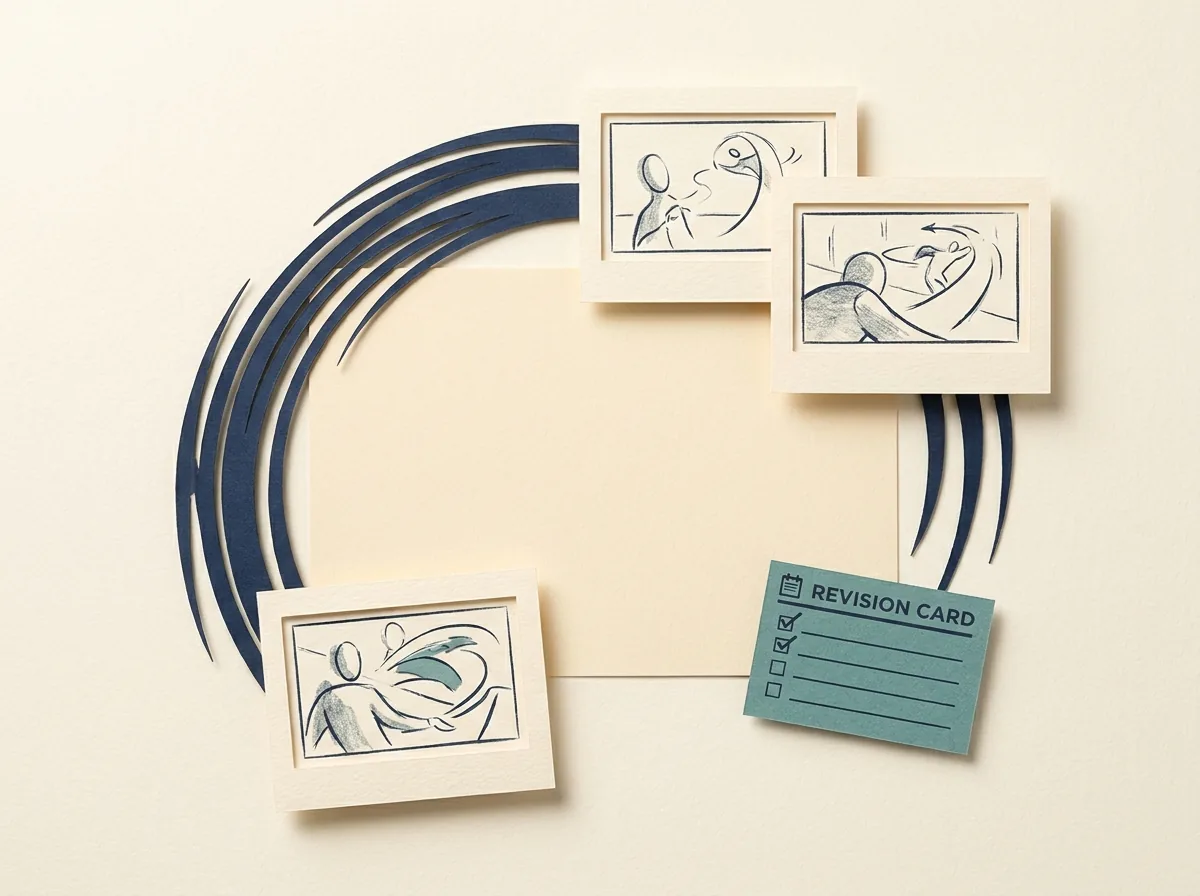 Storyboard panels follow a motion arc toward a revision card.