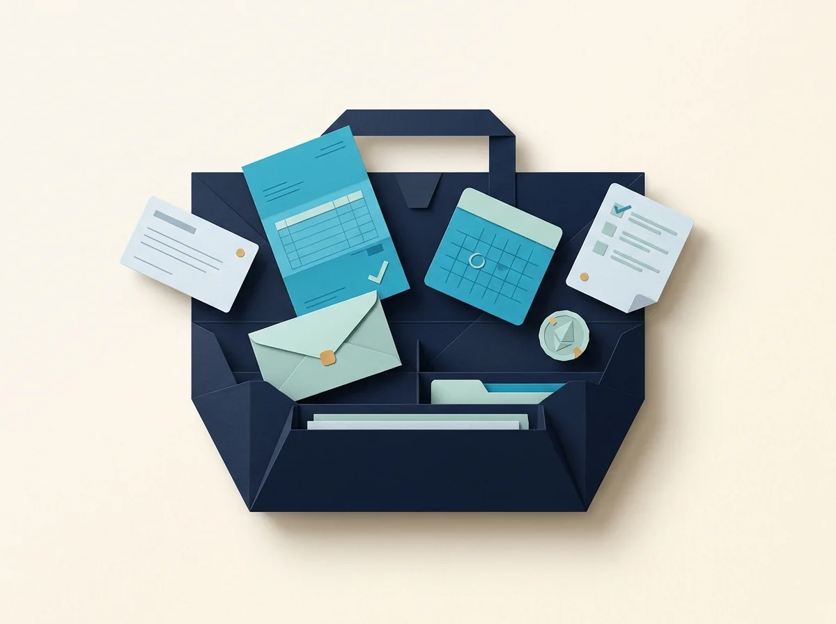 A navy carryall gathers a client card, invoice, envelope, calendar, task sheet, and payment token.