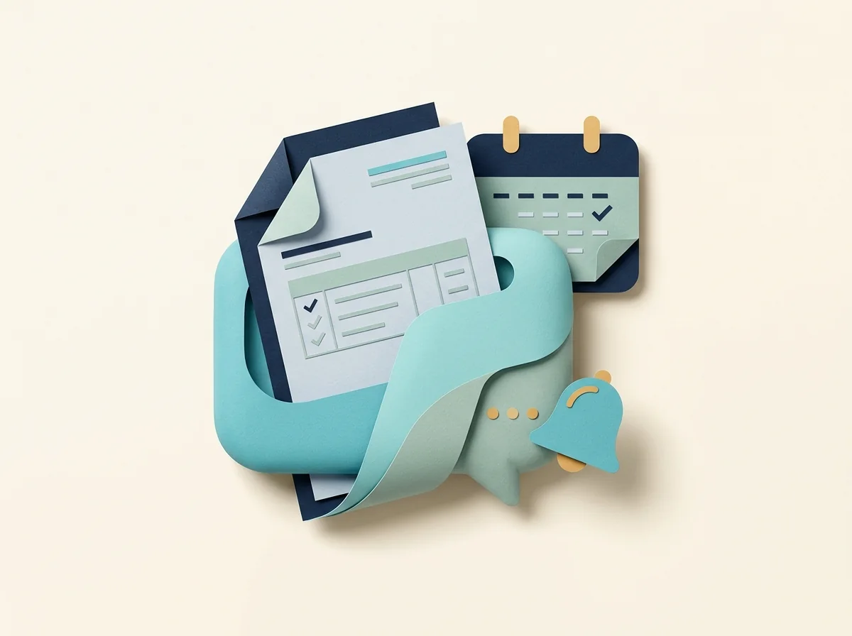 A rounded teal message bubble wraps around an invoice beside a due-date calendar and reminder bell.