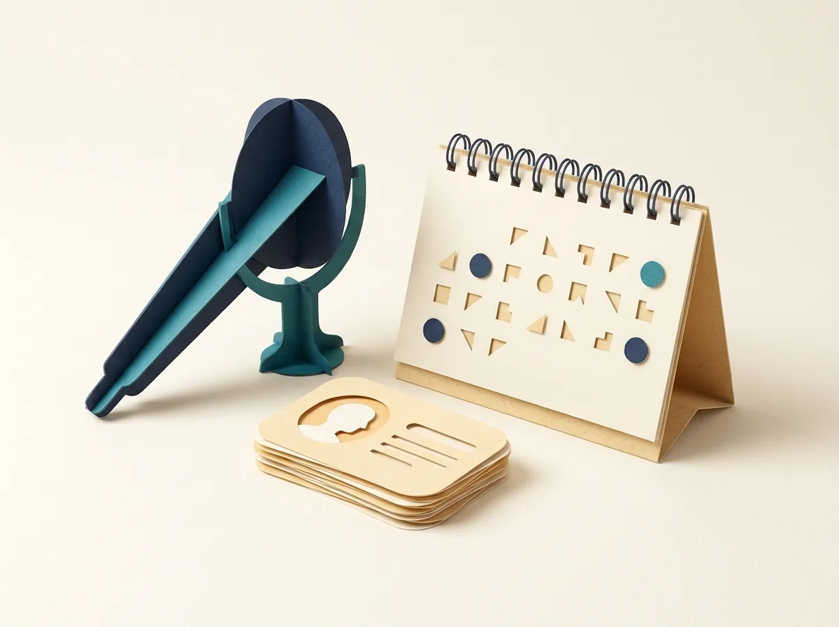 A studio microphone beside an episode calendar and a guest profile card.