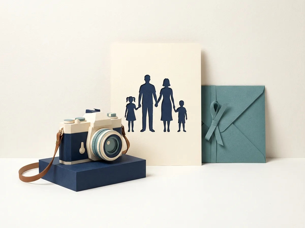 Eine Kamera liegt neben einer Familienporträtkarte und einem zugebundenen Druckumschlag.