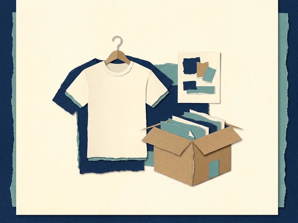 A printed shirt, color swatches and an open shipping box.