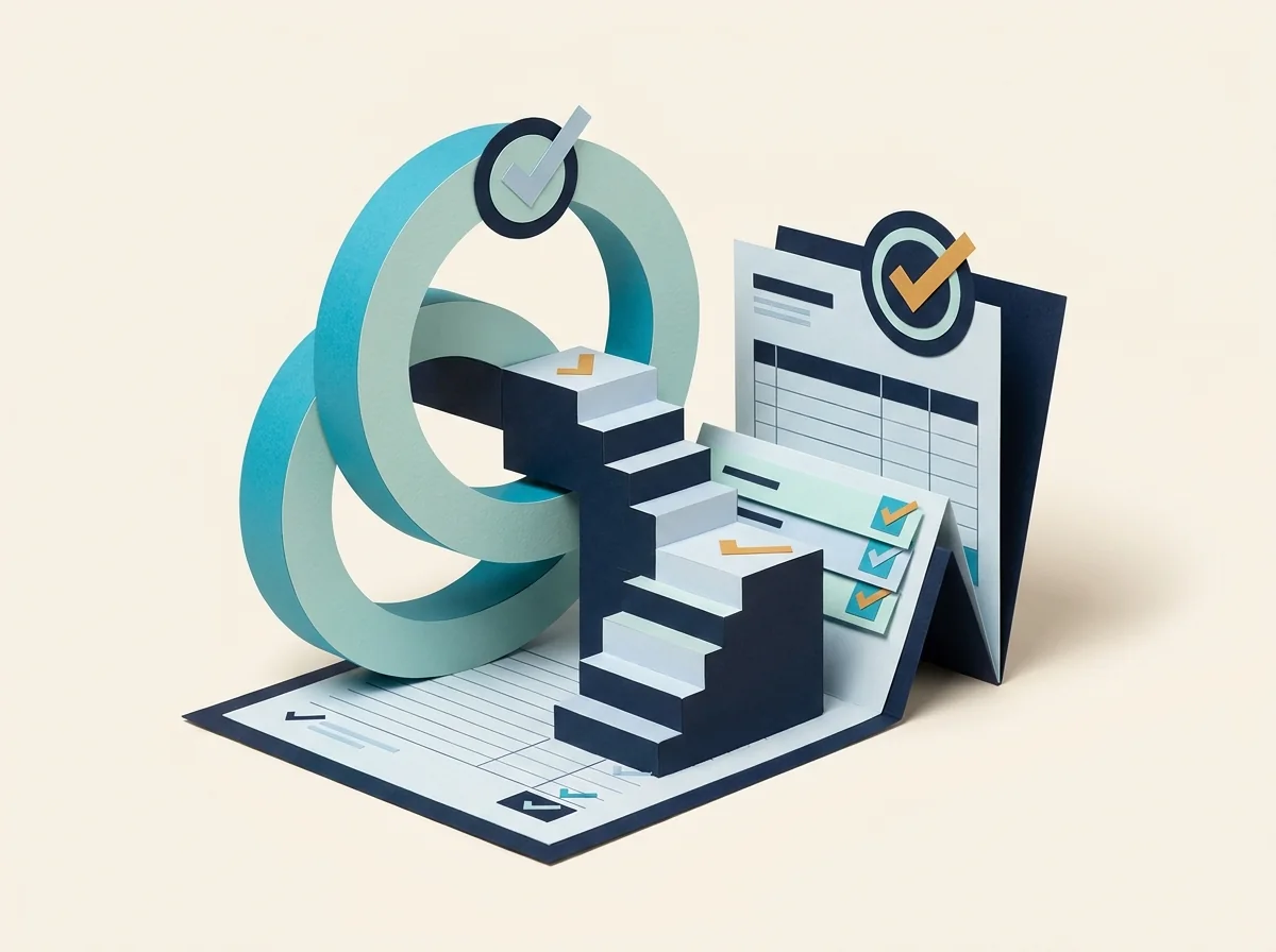 A milestone staircase joins recurring billing loops and a completed invoice on a shared ledger base.