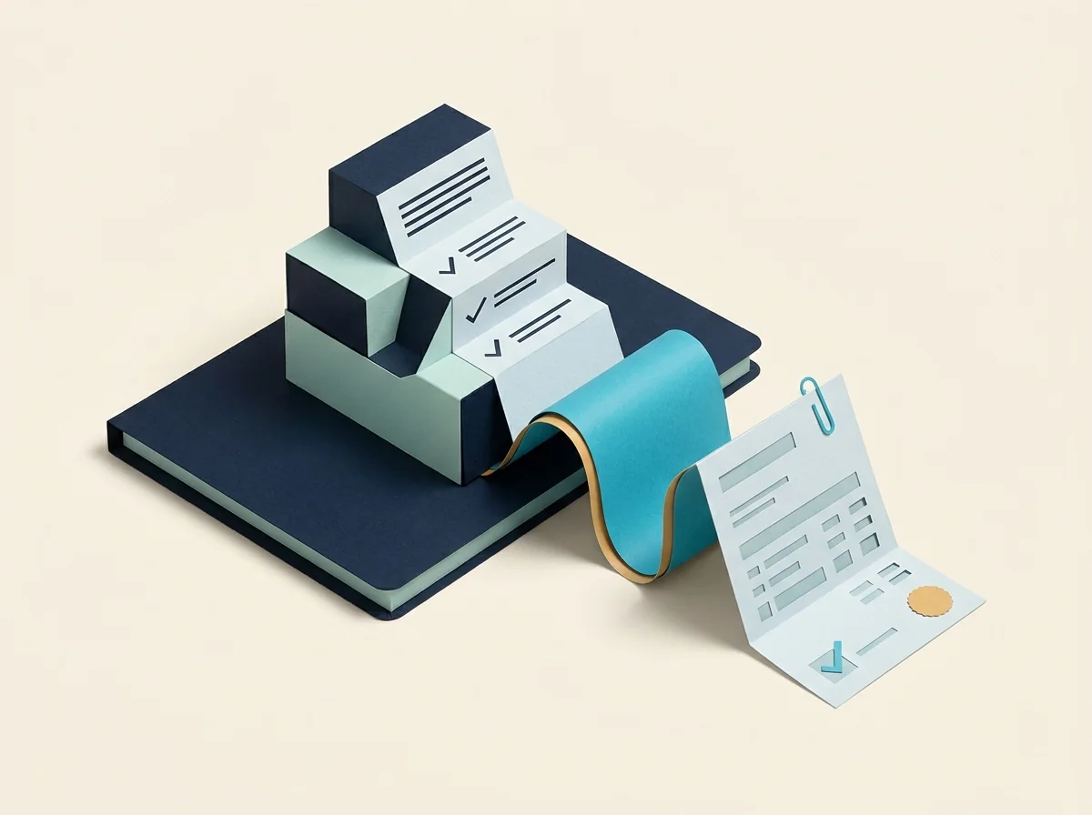 A project milestone model connects to an invoice through a teal ribbon across a navy folder.