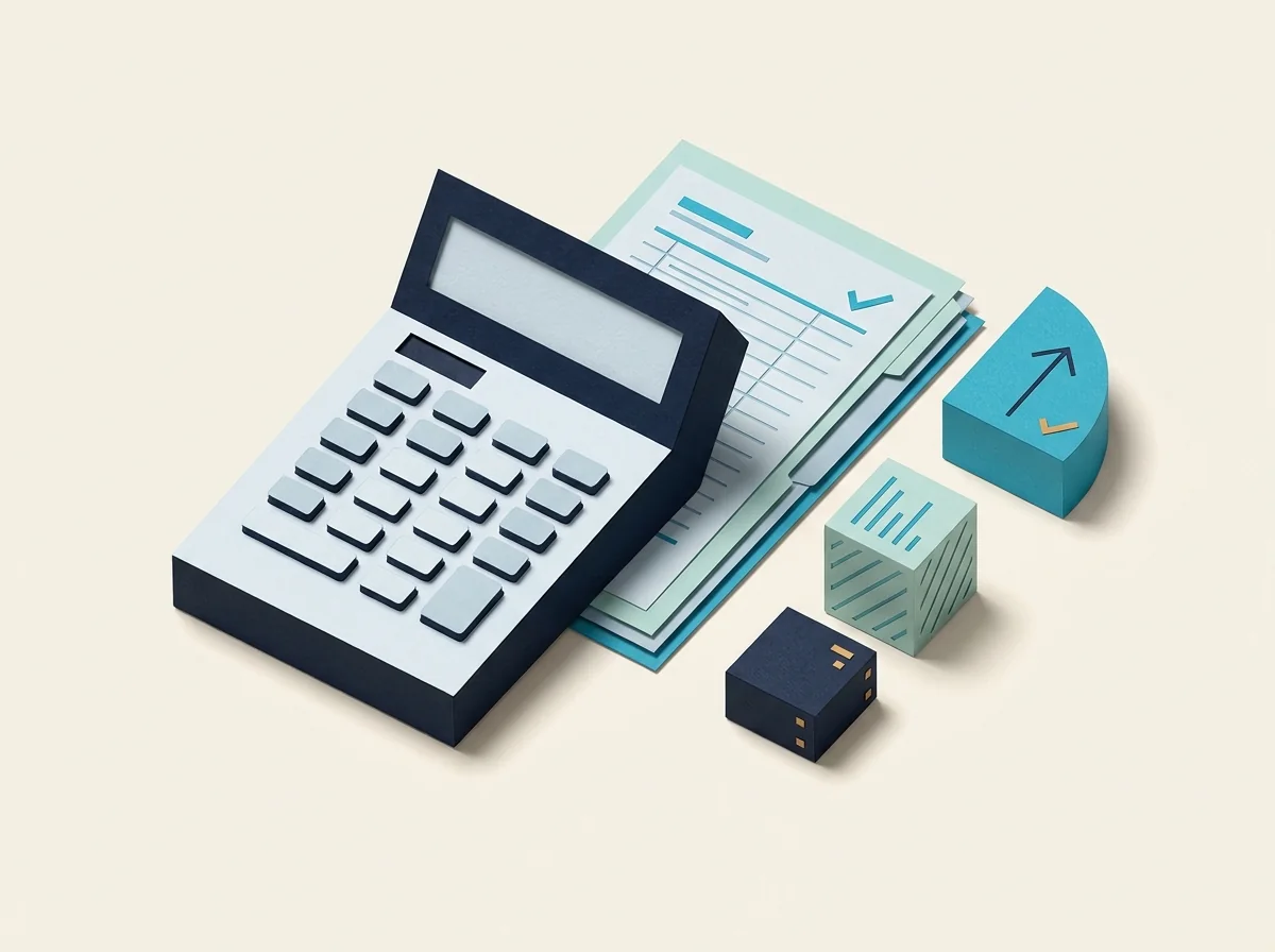 A calculator sits beside a project ledger, cost blocks, and a raised margin indicator.