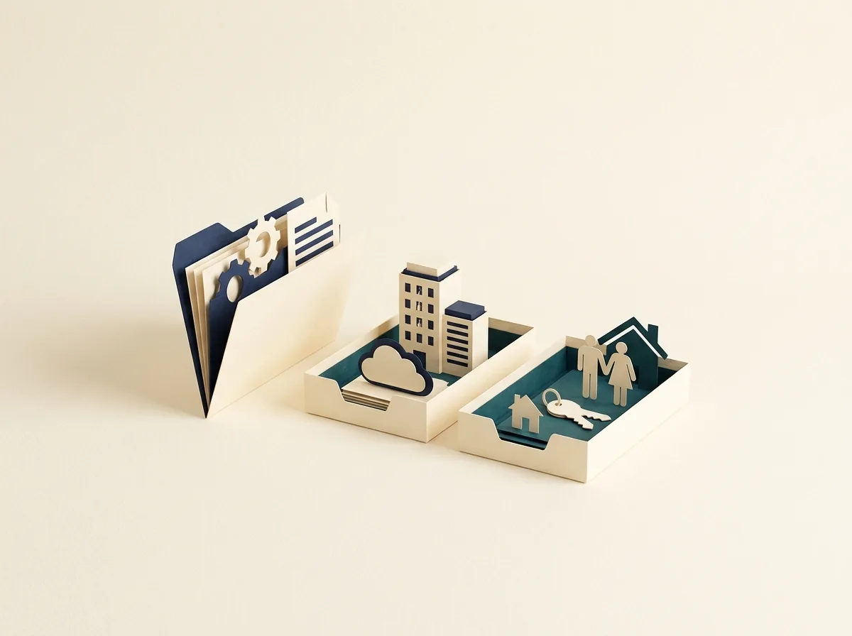 Property folders beside miniature buildings and a maintenance symbol.