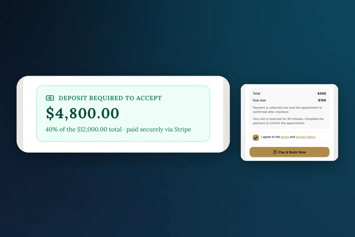 بطاقة وديعة عرض تقديمي تطلب 4800 دولار، 40٪ من إجمالي 12000 دولار، بجانب ملخص حجز بقيمة 150 دولارًا مستحقة الآن وزر "الدفع والحجز الآن".