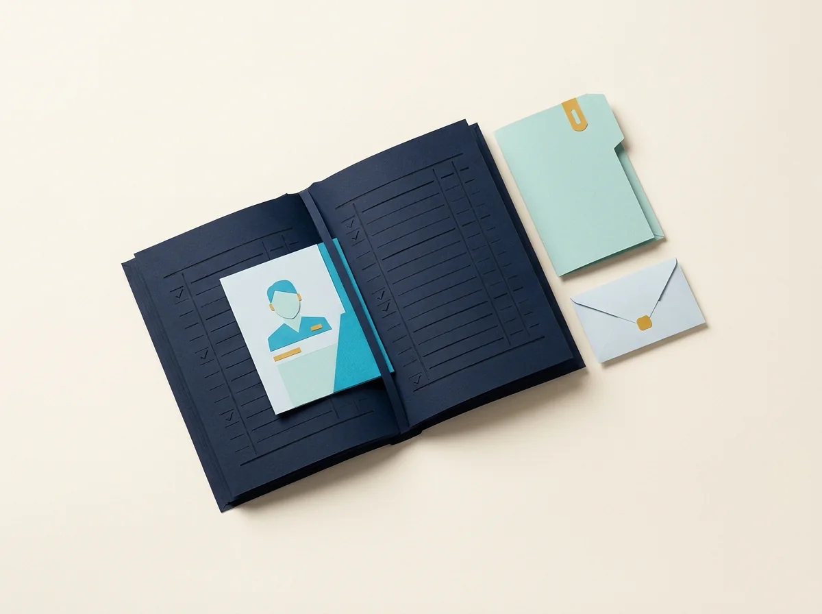 An accounting ledger holds a client profile card while a project folder and envelope sit beside it.