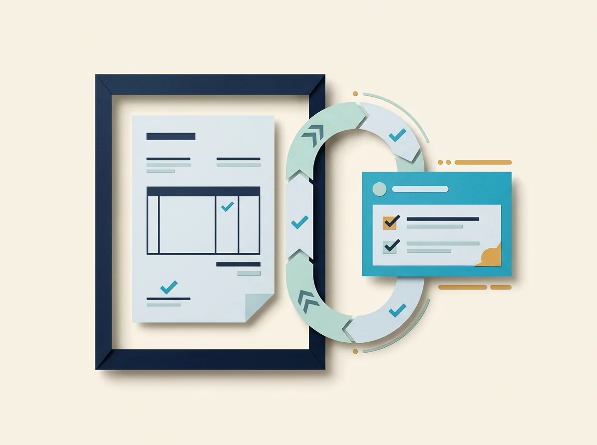 A framed invoice template connects to a recurring schedule loop and project card beyond its edge.