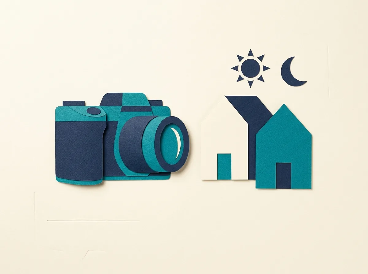 Eine Kamera neben Silhouette eines Hauses, einer Sonne und einer Mondsichel.